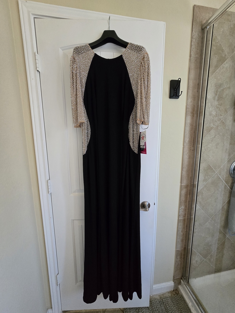 Xscape Black Gown with Nude Beaded Sleeves
